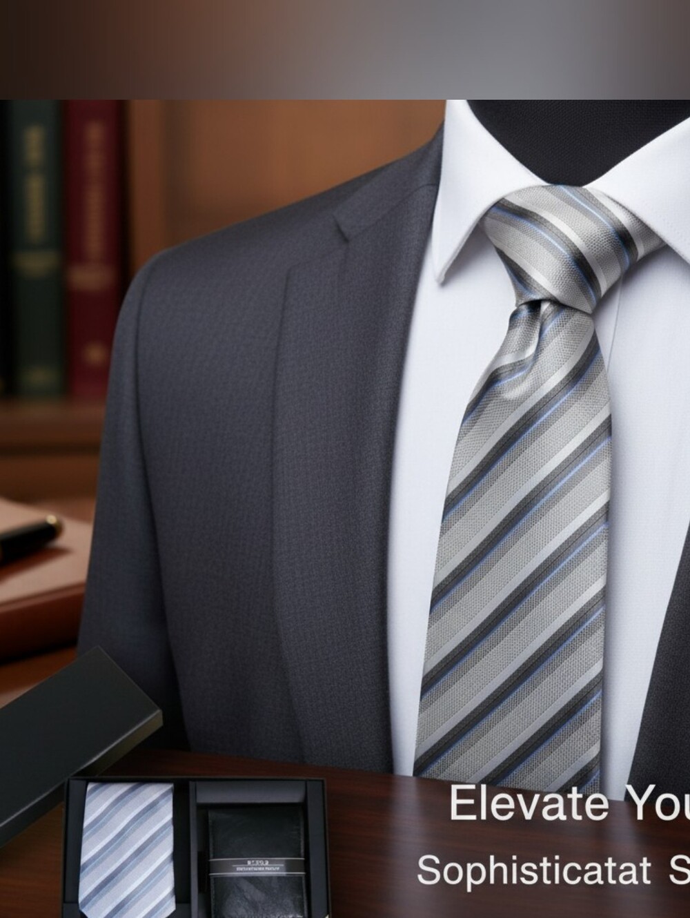 Men's Gray & Blue Striped Tie with Black Bi-Fold Wallet - Gift Set